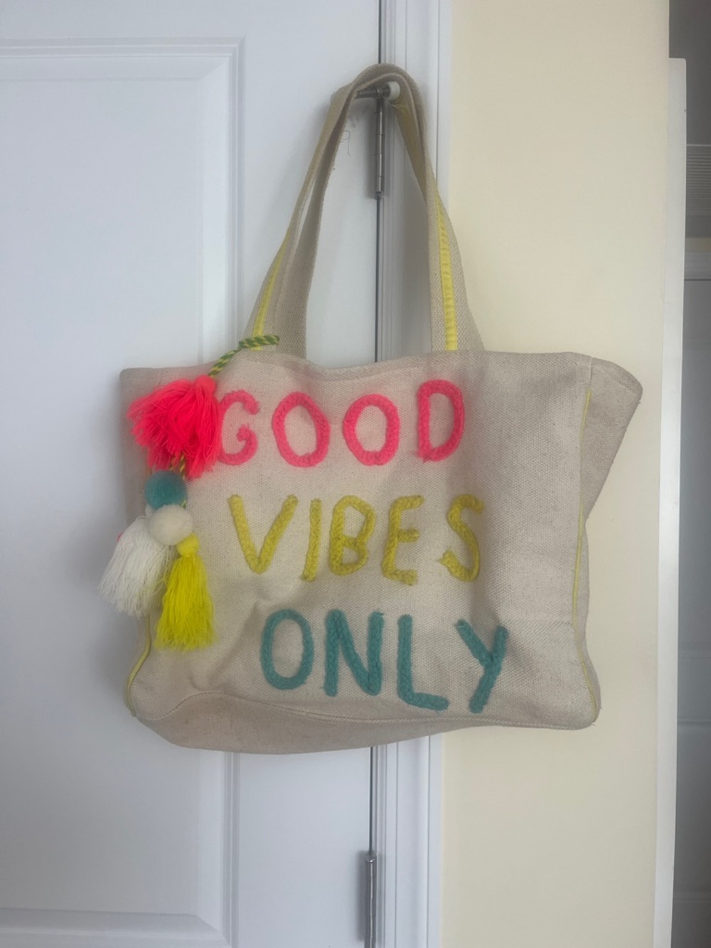Katydid Neutral Tote Bag with Neon Pink, Lime Yellow & Teal Lettering